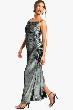 Cami Dresses|Maxi Dresses*boohoo Matte Sequin Cowl Slip Maxi Dress gun metal