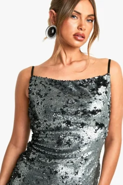 Cami Dresses|Maxi Dresses*boohoo Matte Sequin Cowl Slip Maxi Dress gun metal