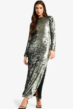 Maxi Dresses|Long Sleeve Dresses*boohoo Matte Sequin Scoop Back Column Maxi Dress gun metal