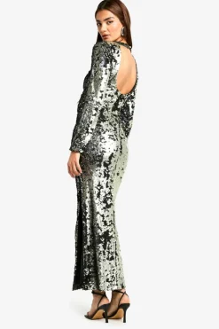 Maxi Dresses|Long Sleeve Dresses*boohoo Matte Sequin Scoop Back Column Maxi Dress gun metal