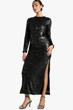 Maxi Dresses*boohoo Matte Sequin Scoop Back Column Maxi Dress black