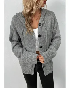 Cardigans*Azura Exchange Medium Grey Drawstring Hooded Button Up Drop Shoulder Sweater Cardigan Multi