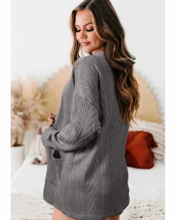 Cardigans*Azura Exchange Medium Grey Solid Textured Open Front Cardigan with Pocket Multi