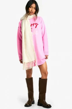 Jumper Dresses|Jumper Dresses*boohoo Merry and Bright Knitted Christmas Dress pink