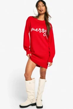 Jumper Dresses|Jumper Dresses*boohoo Merry Slogan Christmas Jumper Dress red