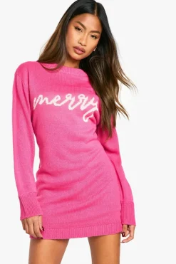 Jumper Dresses|Jumper Dresses*boohoo Merry Slogan Christmas Jumper Dress pink