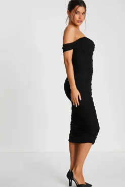 Midi Dresses*Quiz Mesh Bardot Ruched Midi Dress Black
