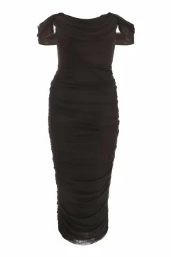 Midi Dresses*Quiz Mesh Bardot Ruched Midi Dress Black