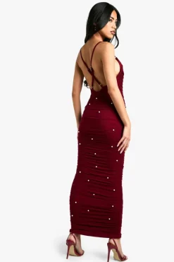 Bodycon Dresses*boohoo Mesh Beaded Detail Ruched Maxi Dress plum