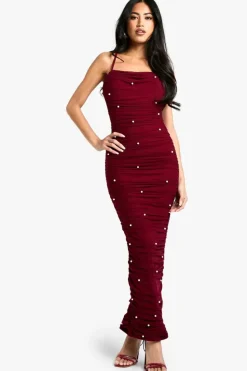 Bodycon Dresses*boohoo Mesh Beaded Detail Ruched Maxi Dress plum