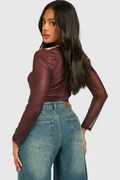 Long Sleeve Tops*boohoo Mesh Body Print Long Sleeve Top brown