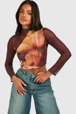 Long Sleeve Tops*boohoo Mesh Body Print Long Sleeve Top brown