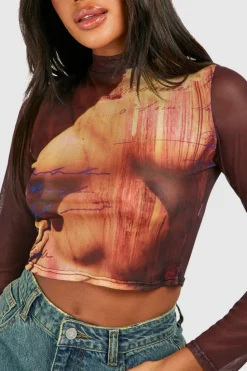 Long Sleeve Tops*boohoo Mesh Body Print Long Sleeve Top brown
