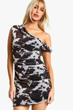 Bodycon Dresses*boohoo Mesh Cow Print Slash Neck Mini Dress brown