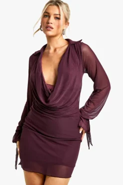 Shirt Dresses|Bodycon Dresses*boohoo Mesh Cowl Shirt Dress plum