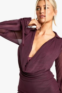 Shirt Dresses|Bodycon Dresses*boohoo Mesh Cowl Shirt Dress plum