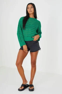 Oversized Jumpers*Brave Soul Mesh Cropped Oversized Jumper Green