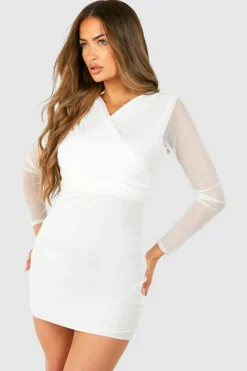 Bodycon Dresses*boohoo Mesh Cross Over Ruched Mini Dress white