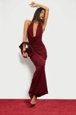 Skater Dresses|Maxi Dresses*boohoo Mesh Extreme Cowl Neck Maxi Dress wine