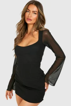 Bodycon Dresses|Mini Dresses*boohoo Mesh Flare Sleeve Mini Dress black