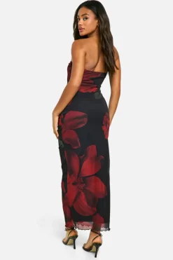 Maxi Dresses*boohoo Mesh Flower Print Bandeau Maxi Dress natural black