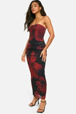 Maxi Dresses*boohoo Mesh Flower Print Bandeau Maxi Dress natural black