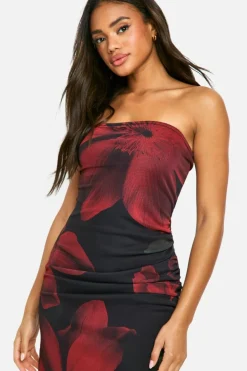 Maxi Dresses*boohoo Mesh Flower Print Bandeau Maxi Dress natural black