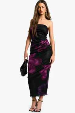 Maxi Dresses*boohoo Mesh Flower Print Bandeau Maxi Dress black