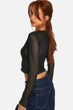 Long Sleeve Tops*boohoo Mesh Long Sleeve Crop Top black