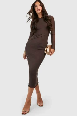Long Sleeve Dresses|Long Sleeve Dresses*boohoo Mesh Long Sleeve Midaxi Dress chocolate