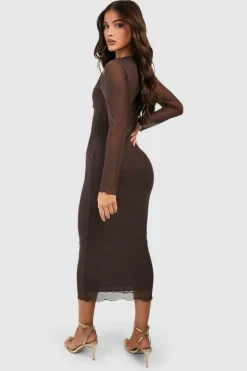 Long Sleeve Dresses|Long Sleeve Dresses*boohoo Mesh Long Sleeve Midaxi Dress chocolate