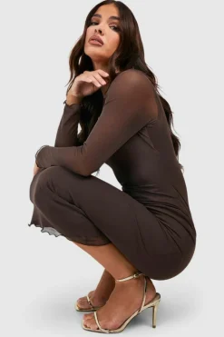 Long Sleeve Dresses|Long Sleeve Dresses*boohoo Mesh Long Sleeve Midaxi Dress chocolate
