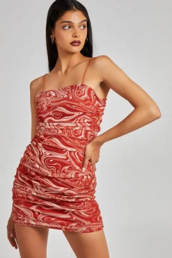 Cami Dresses*Pink Vanilla Mesh Marble Ruched Cami Mini Dress Orange