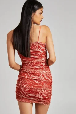 Cami Dresses*Pink Vanilla Mesh Marble Ruched Cami Mini Dress Orange