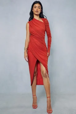 Wrap Dresses*MissPap Mesh Ruched Asymmetric One Shoulder Wrap Midi Dress rust