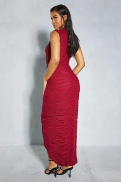 Wrap Dresses*MissPap Mesh Ruched Cut Out Detail Wrap Midaxi Dress plum