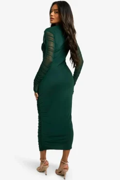 Bodycon Dresses|Long Sleeve Dresses*boohoo Mesh Ruched High Neck Midaxi Dress green