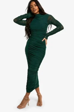 Bodycon Dresses|Long Sleeve Dresses*boohoo Mesh Ruched High Neck Midaxi Dress green