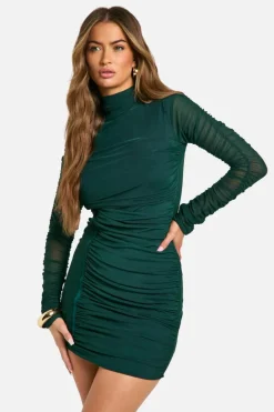 Mini Dresses|Long Sleeve Dresses*boohoo Mesh Ruched High Neck Mini Dress green