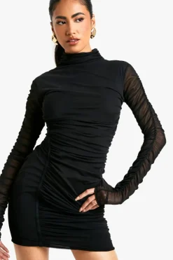 Bodycon Dresses*boohoo Mesh Ruched High Neck Mini Dress black