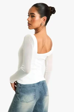 Long Sleeve Tops*boohoo Mesh ruched long sleeve top white