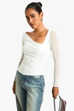 Long Sleeve Tops*boohoo Mesh ruched long sleeve top white