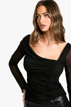 Long Sleeve Tops|Tops*boohoo Mesh ruched long sleeve top black