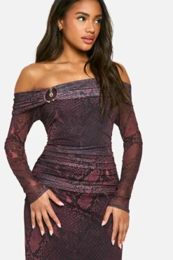 Maxi Dresses|Long Sleeve Dresses*boohoo Mesh Print Off Shoulder Maxi Dress snake