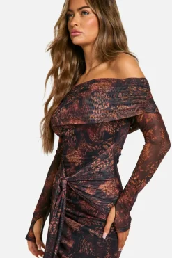 Maxi Dresses|Long Sleeve Dresses*boohoo Mesh Print Twist Detail Maxi Dress snake