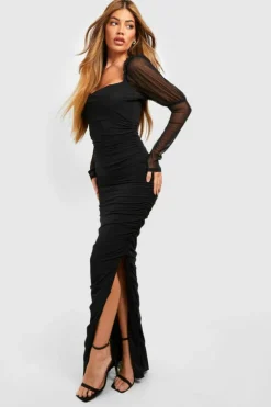 Maxi Dresses*boohoo Mesh Square Neck Ruched Maxi Dress black
