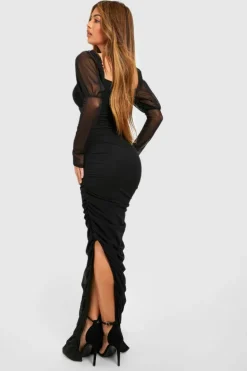 Maxi Dresses*boohoo Mesh Square Neck Ruched Maxi Dress black