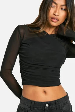 Long Sleeve Tops*boohoo Mesh Wrap Front Long Sleeve Top black