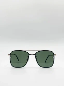 Sunglasses*SVNX Metal Frame Square Aviator Style Sunglasses Gold
