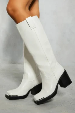 Heeled Boots*MissPap Metal Square Toe Block Heel Boots white